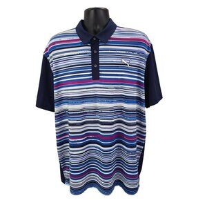 Puma Road Map Polo Shirt Mens XL Blue Striped Dry Cell Wicking Golf Stretch Logo